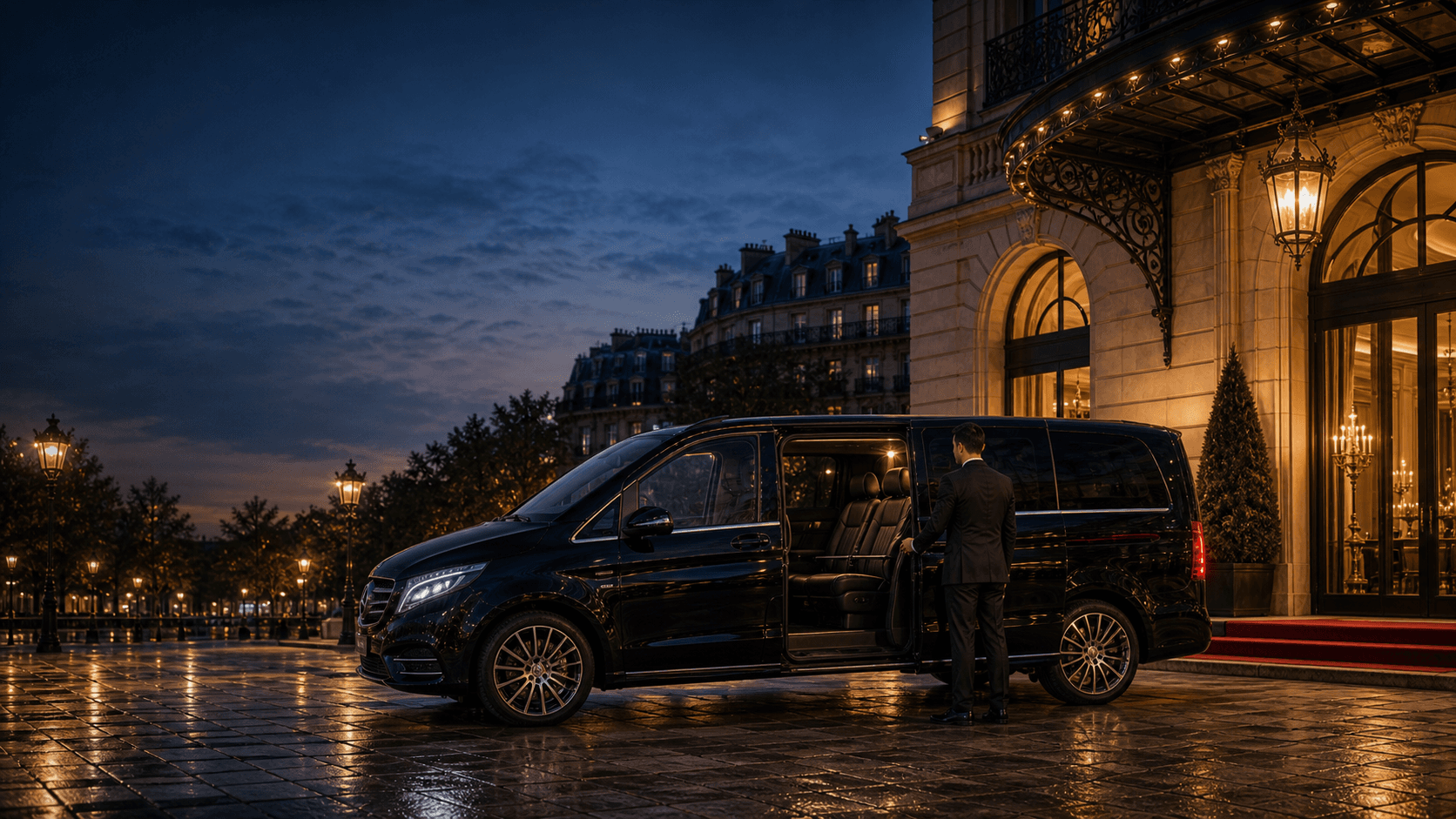 Mercedes V-Class private chauffeur van outside a Paris hotel