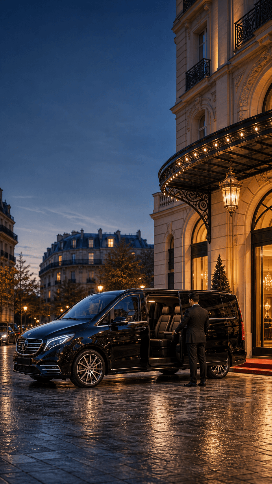 Mercedes V-Class private chauffeur van outside a Paris hotel